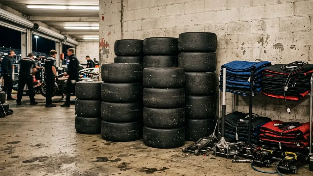 Neumáticos de competición apilados en los boxes de un autódromo
