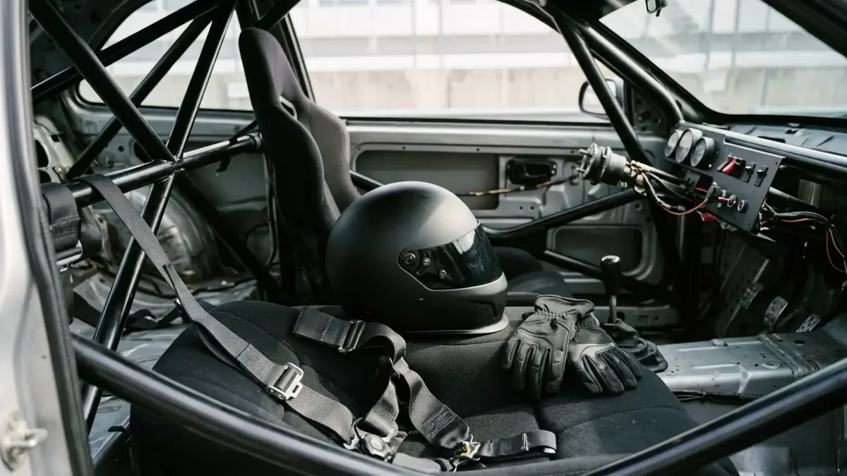 Casco de piloto y guantes apoyados sobre la butaca del auto de competición