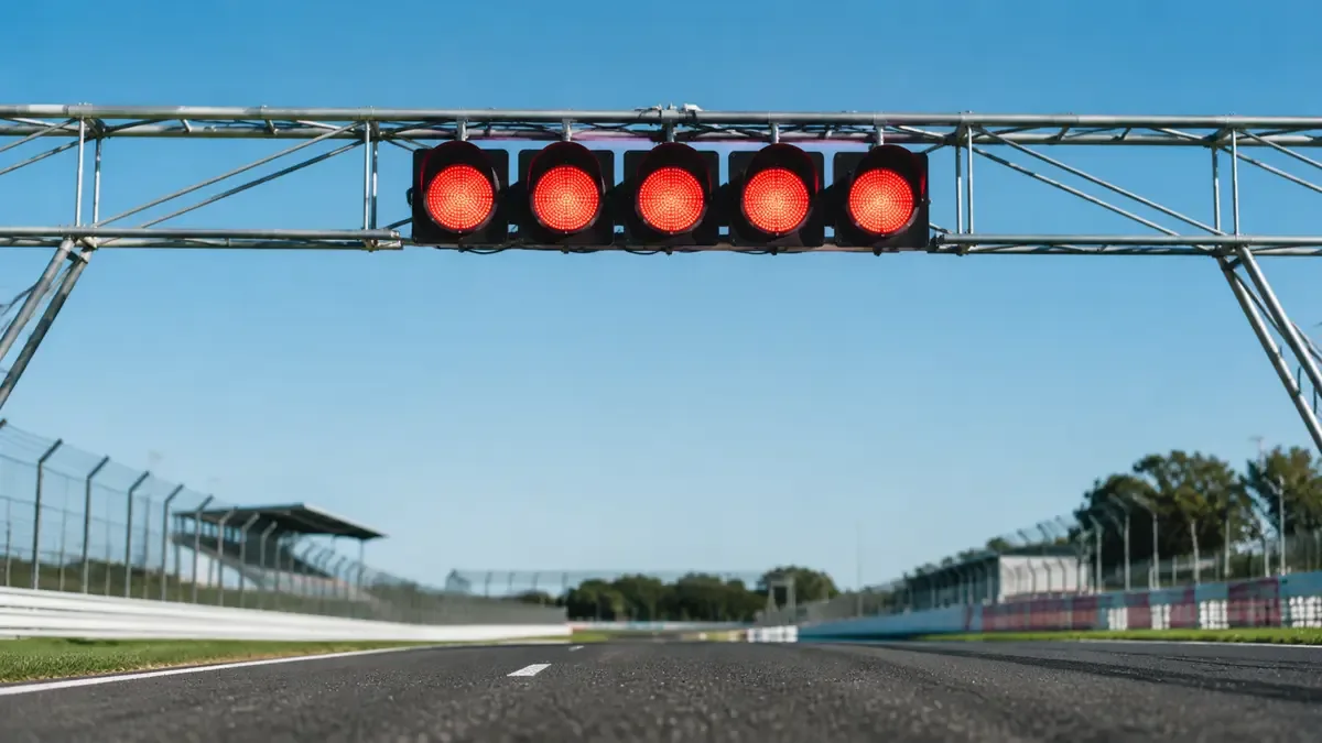 Semáforo de largada encendido en el pórtico de un autódromo