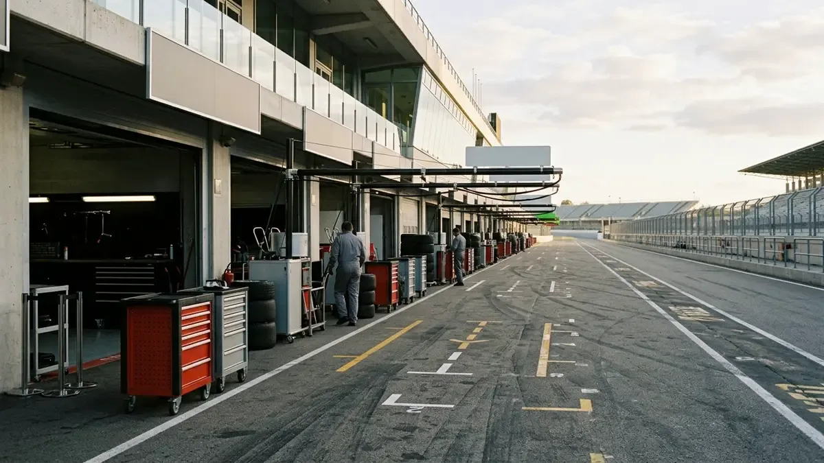 Pit lane de un autódromo con la fila de boxes abiertos